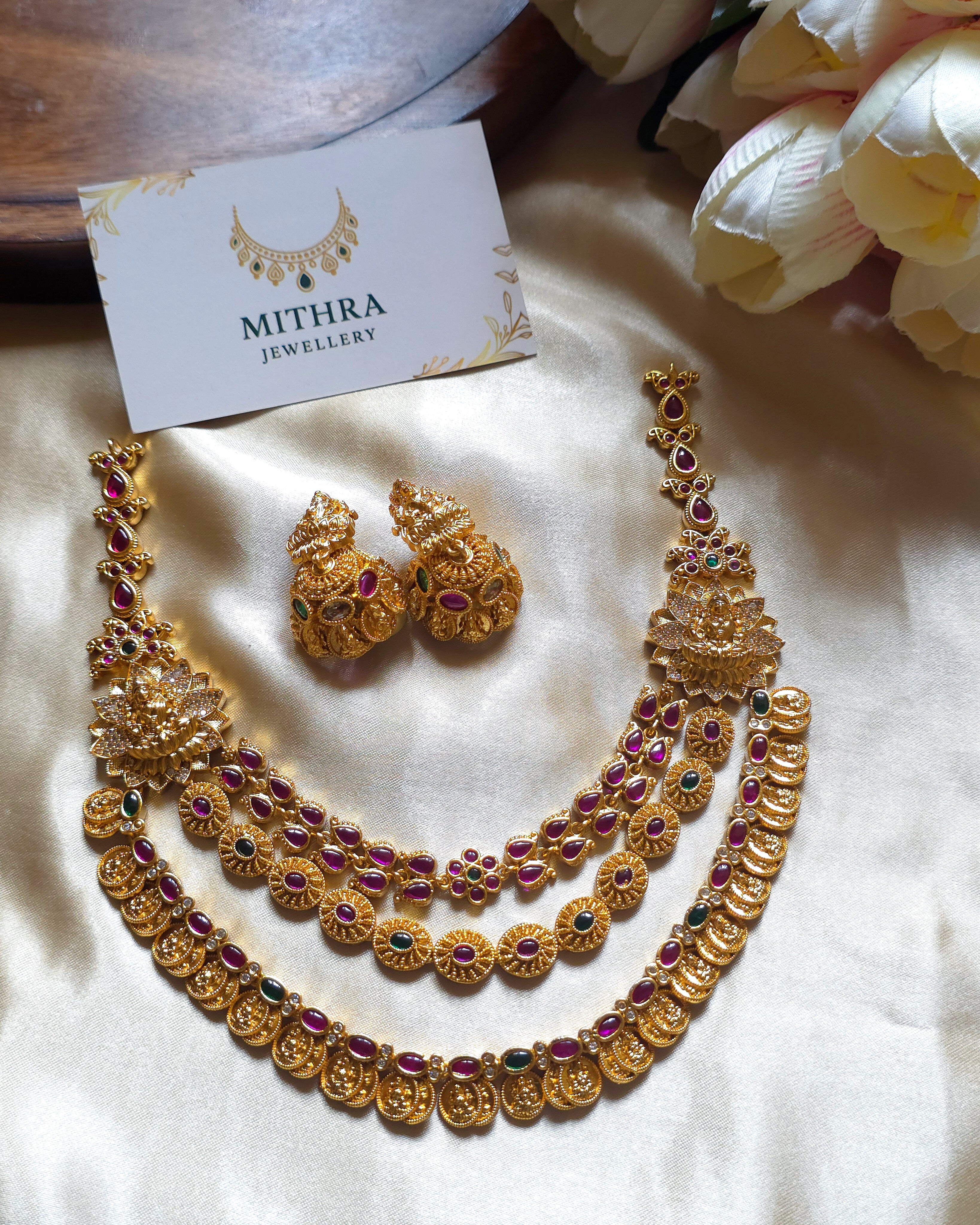Triple-Layered Temple Necklace – Antique Gold Kasu Mala with Ruby & Em ...