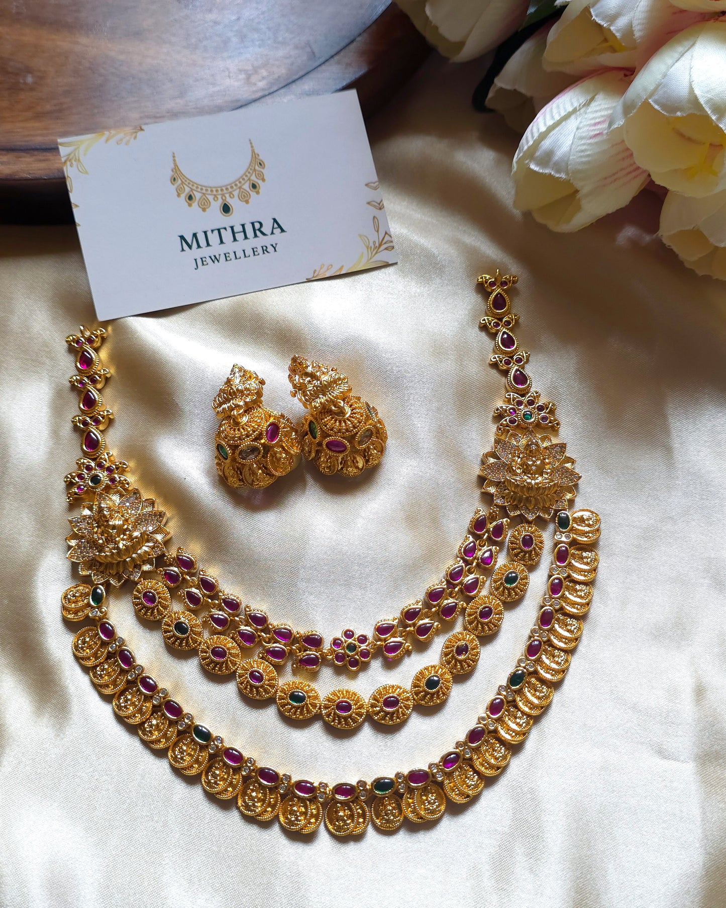 Triple-Layered Antique Gold Necklace with Ruby & Emerald Accents MJ1046