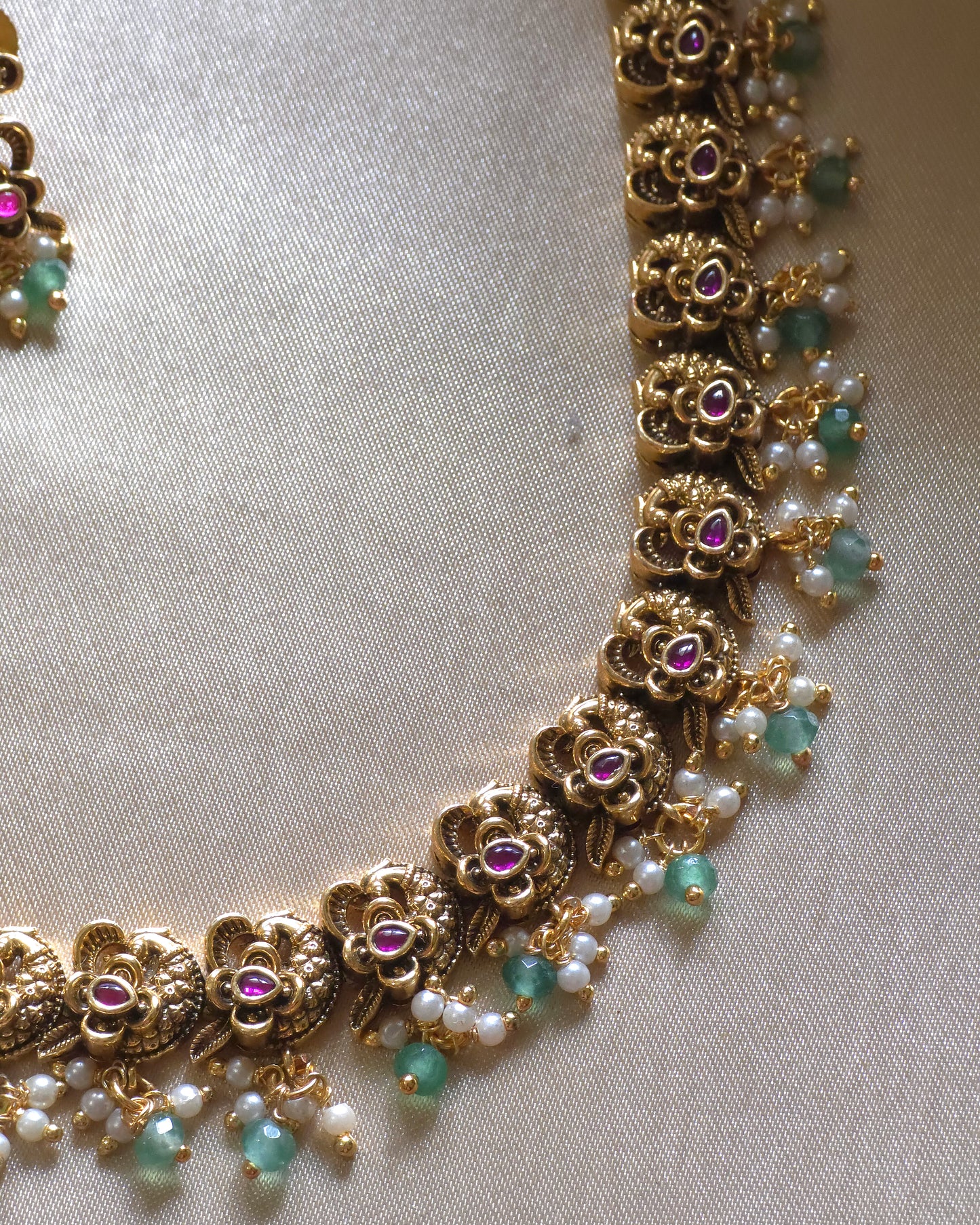 SUVARNA - Antique Floral Necklace with Bead Droplets MJ1020