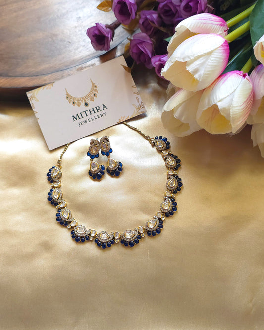 Royal Blue & White Polki-Style Paisley Necklace (with attached back chain) MJ1003