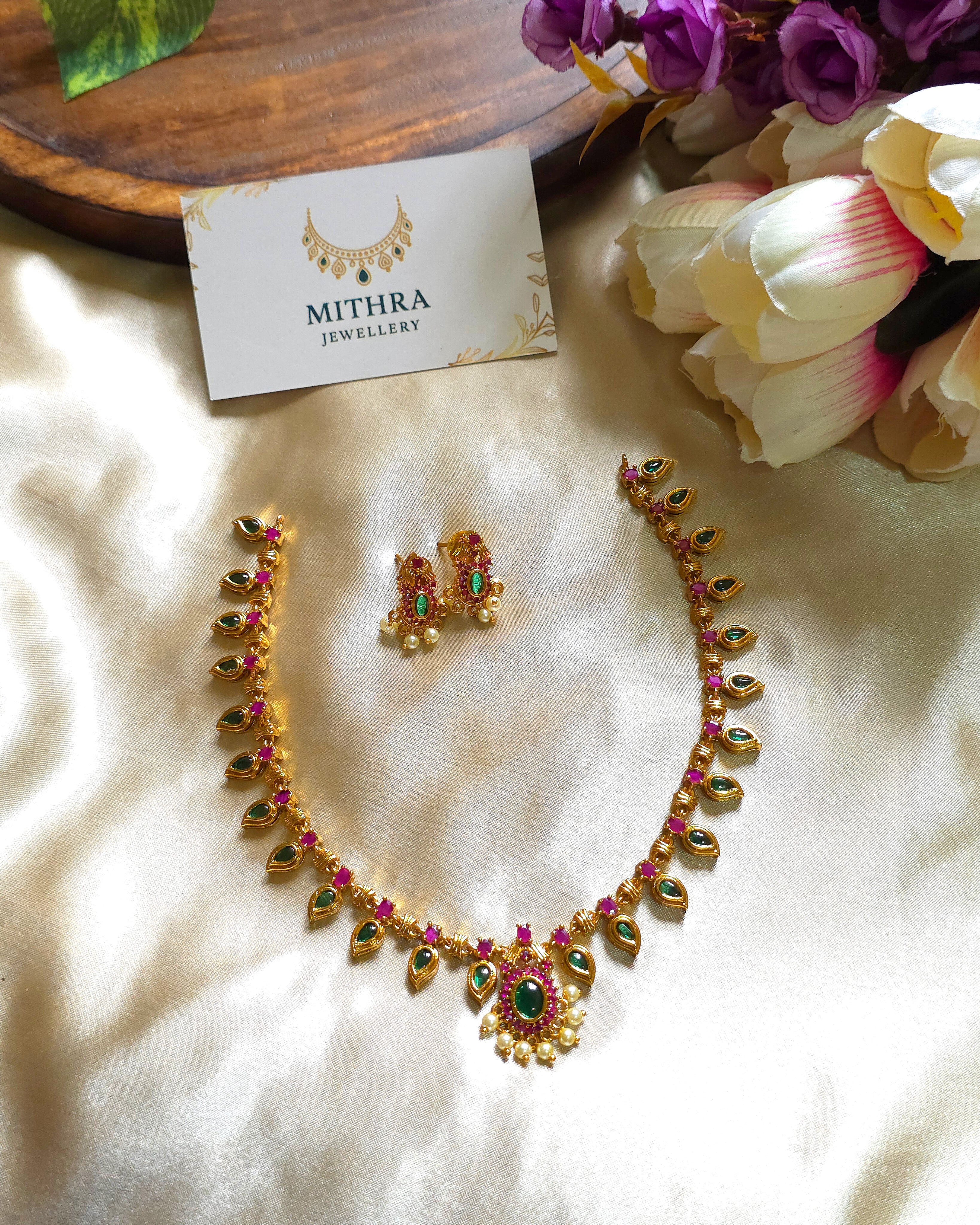 Traditional Mango Motif Necklace with Ruby, Emerald & Pearls