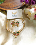 Double Strand Pearl Necklace with Multi-Color Floral Pendant