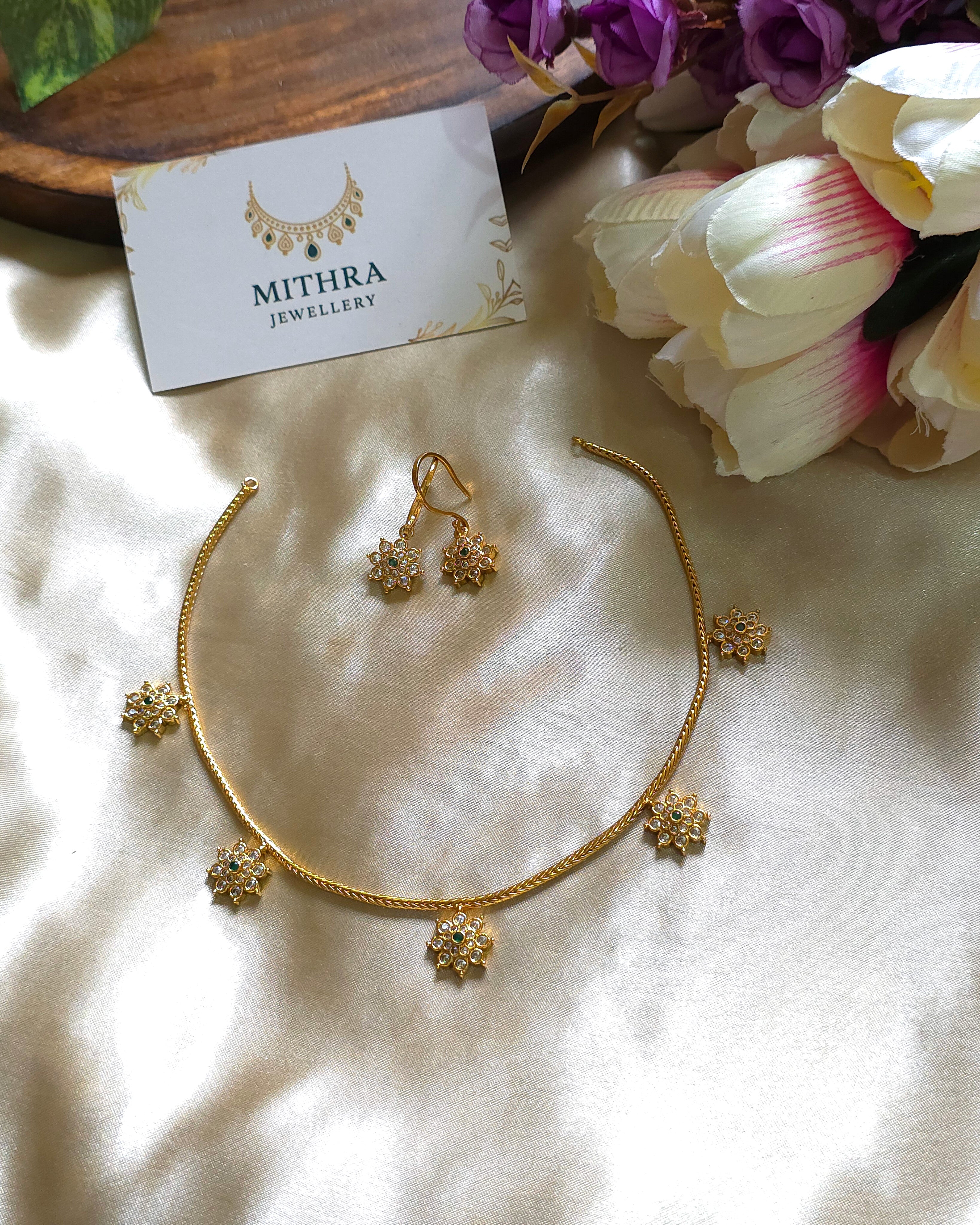 Minimalist Gold Chain with AD Floral Charms