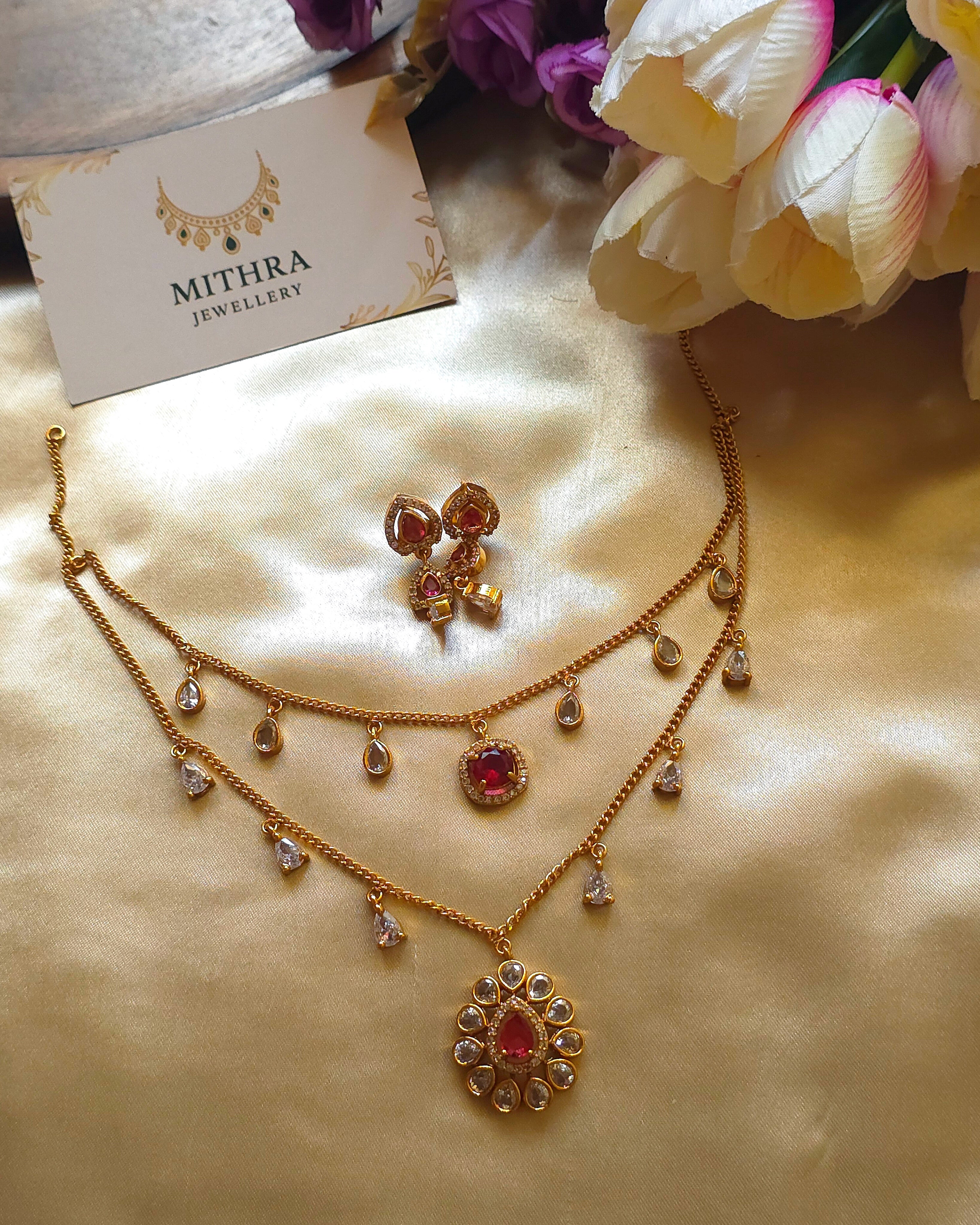 Double-Layer AD Stone Necklace with Ruby Pendants