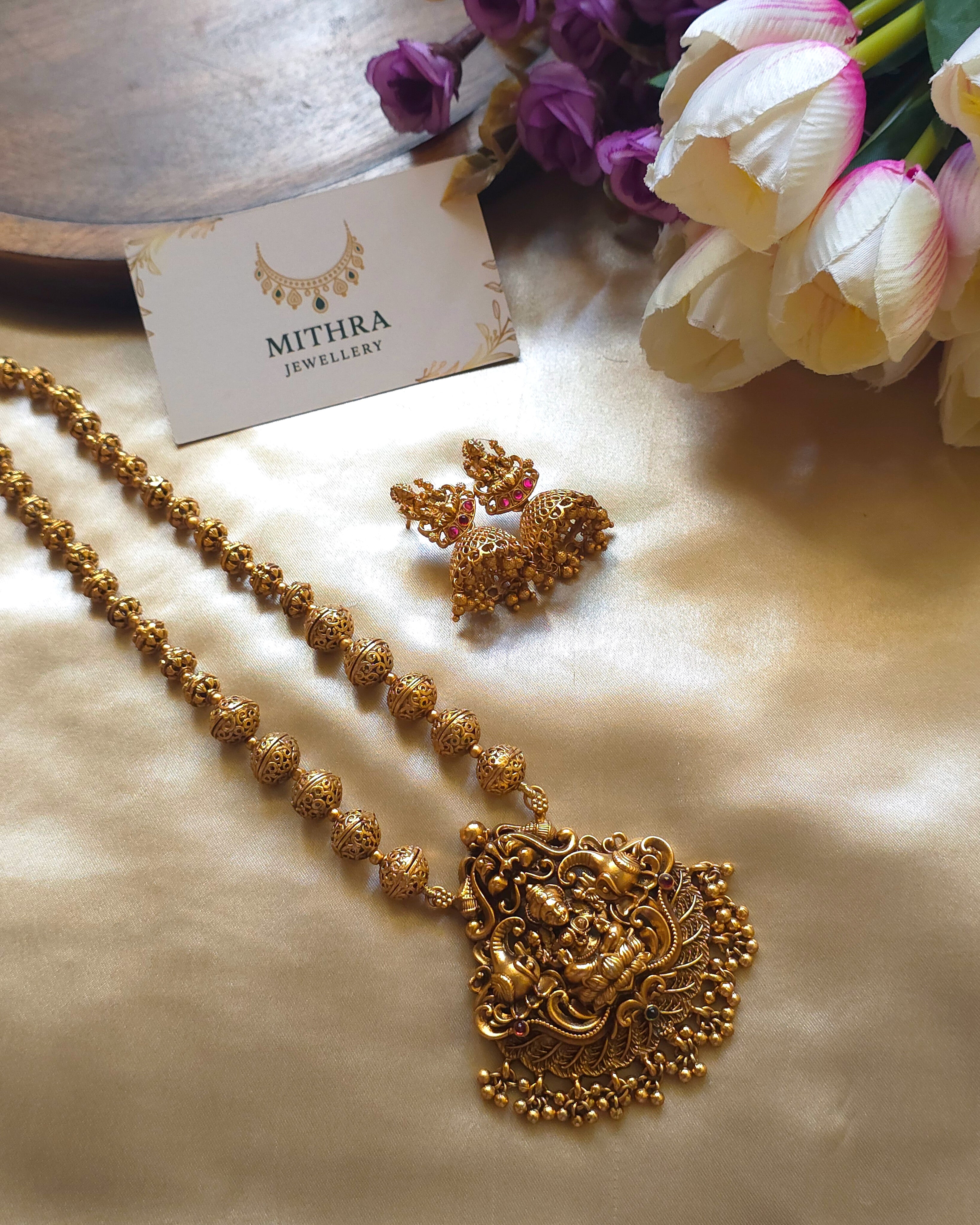 Antique Gold Bead Haram with Grand Lakshmi Pendant