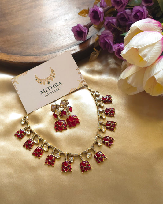 Contemporary Gold-Finish Ruby Lotus Bud Necklace (attached with backchain) MJ1004