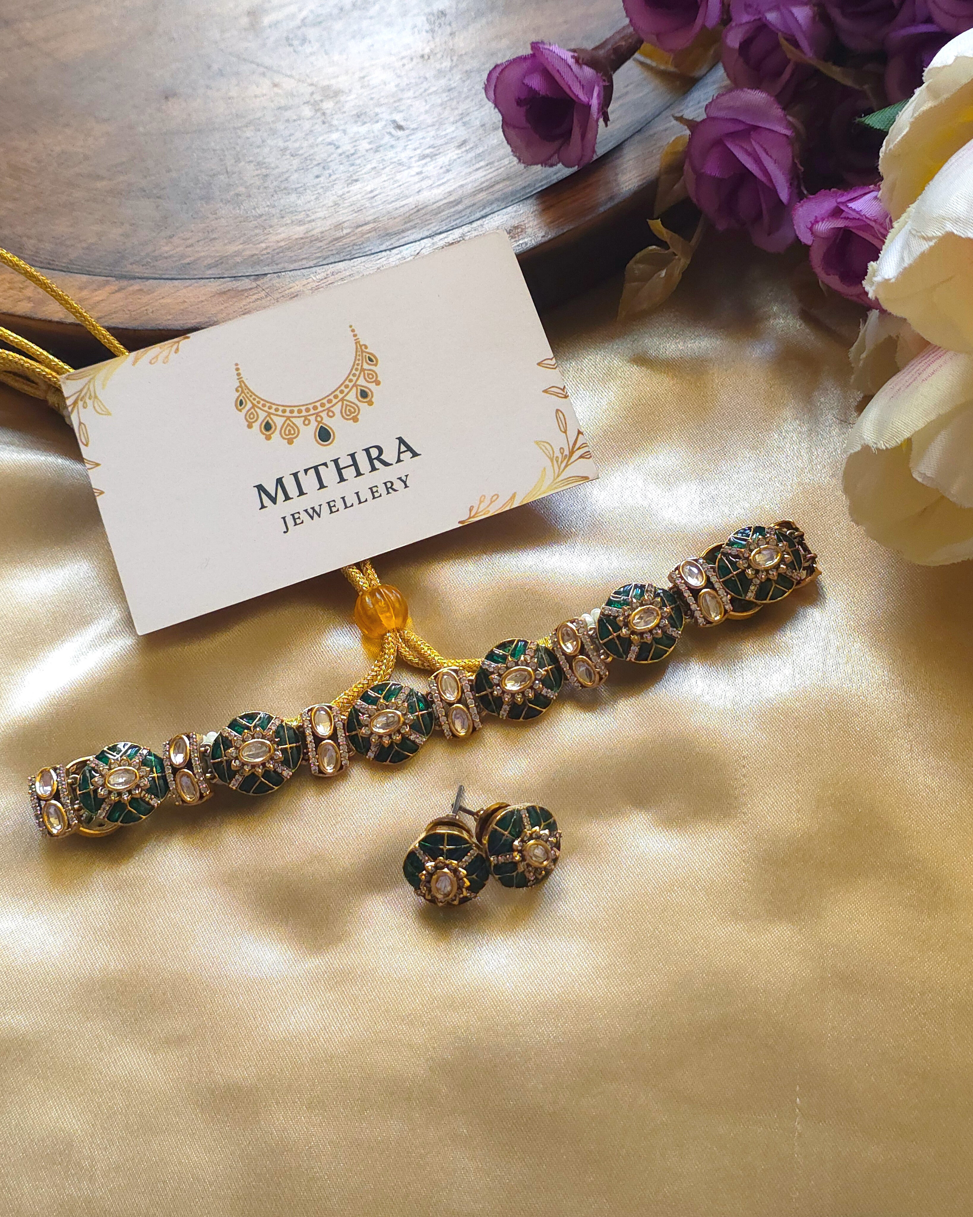 Emerald Green Enamel & AD Stone Choker Set