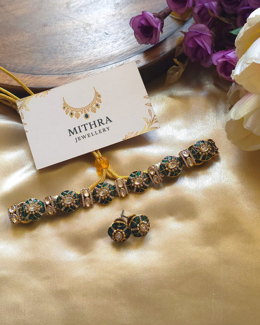 Emerald Green Enamel Polki Choker Set MJ1002