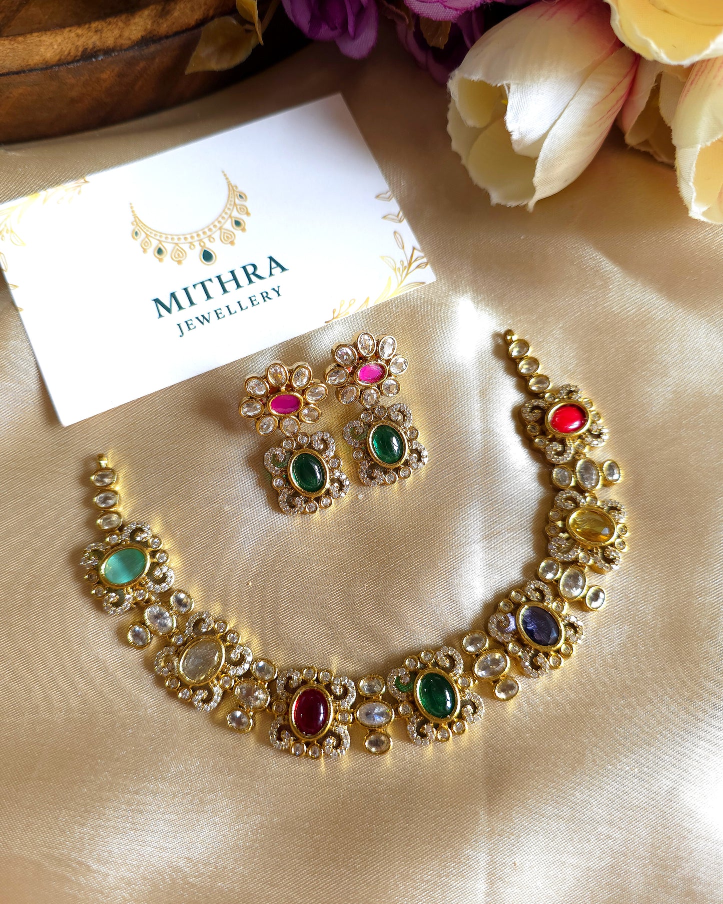 Navratna Elegance: Multi-Stone Floral Choker & Earring Set MJ1027