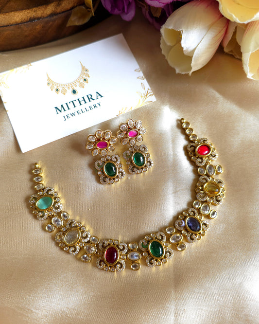 Navratna Elegance: Multi-Stone Floral Choker & Earring Set MJ1027