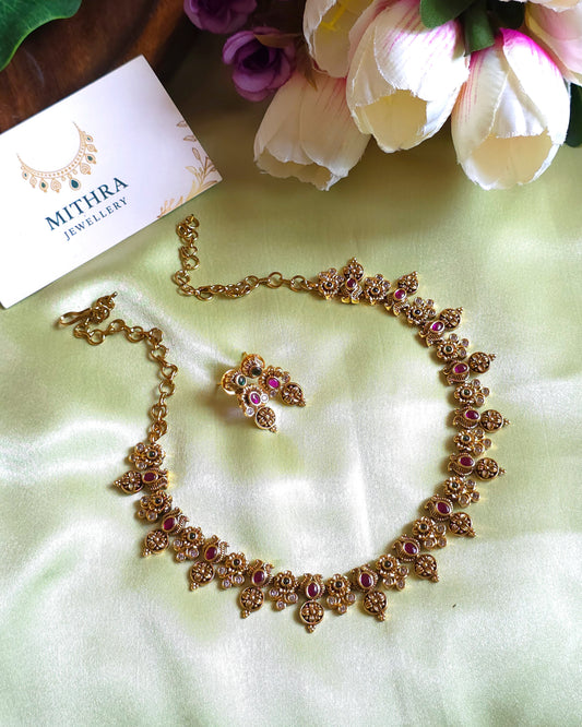 SAANVI - Antique Floral Stone Necklace & Earring Set (with attached backchain) MJ1009