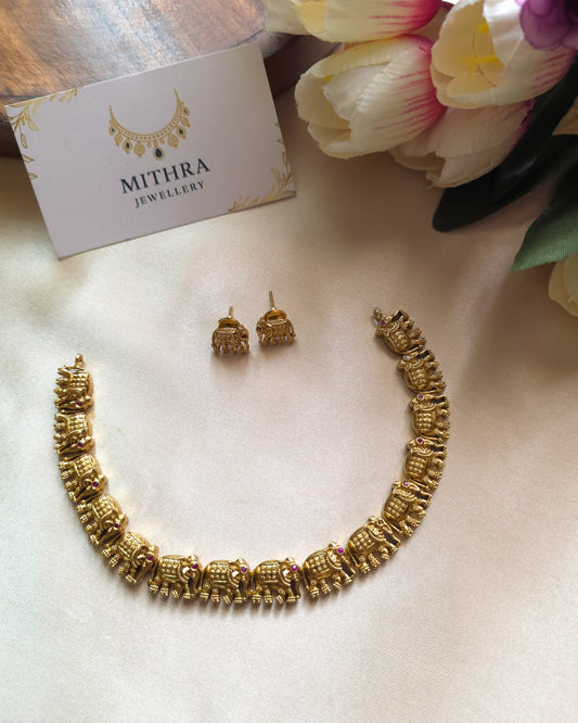 Antique Gold-Finished Elephant Motif Necklace Set MJ1019