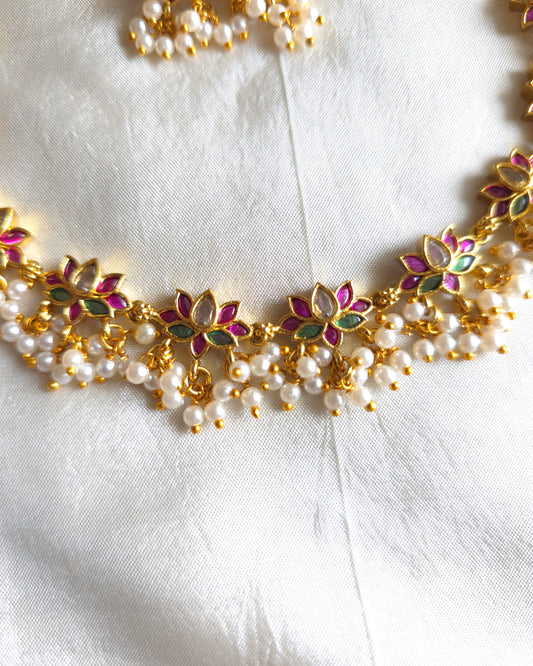 Pearl-Fringed Lotus Motif Choker Set MJ1014