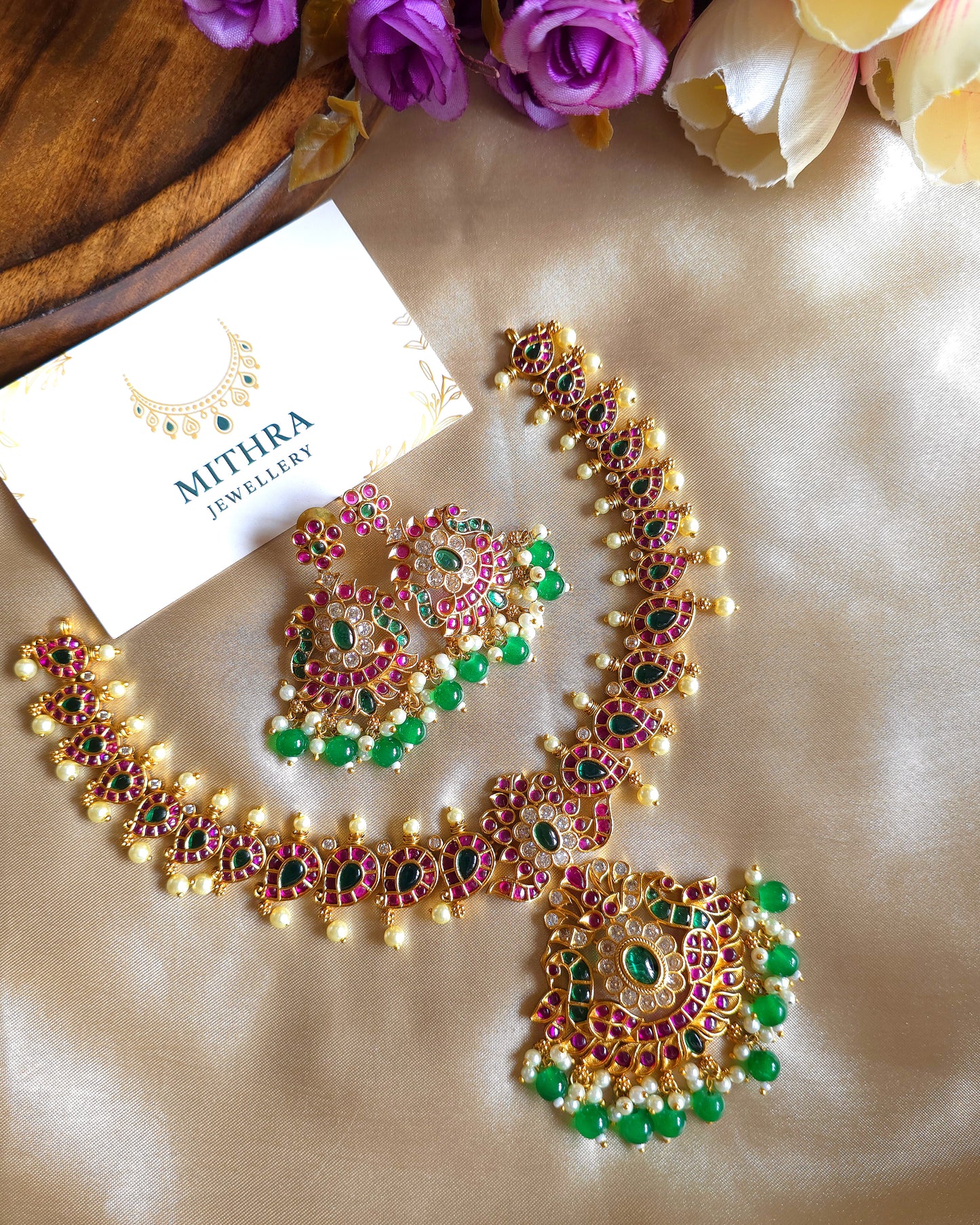 Royal Antique Gold-Plated Emerald & Ruby Necklace Set MJ1049