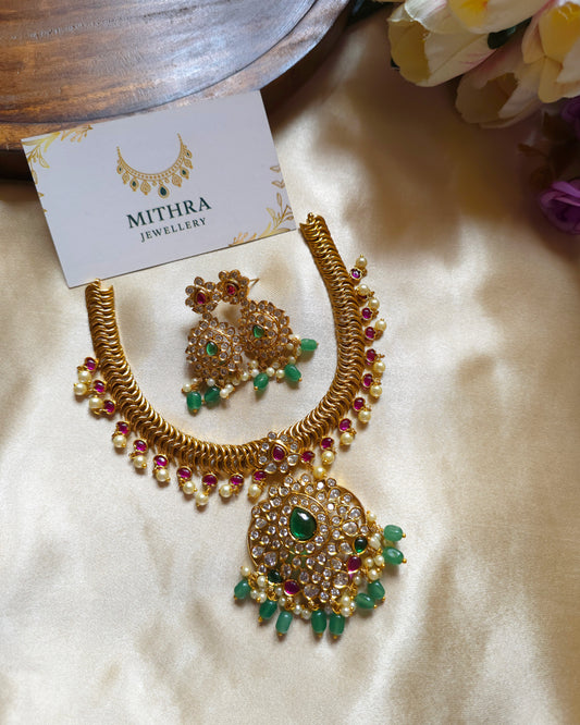 Traditional Gold-Plated Layered Necklace Set with Emerald & Ruby Accents MJ1067, MJ1068