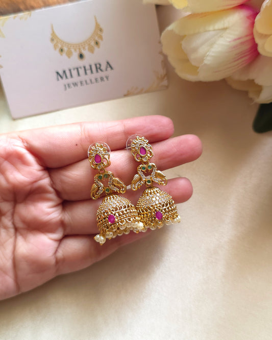 Traditional Bell-Drop Earrings featuring Intricate Peaocock Motifs MJ1082