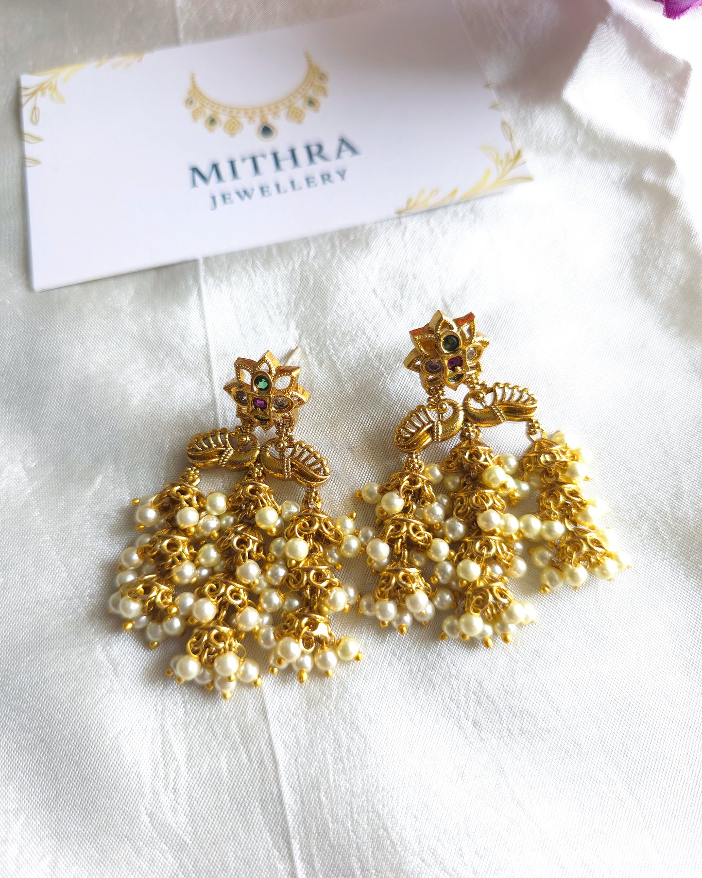 Traditional Peacock Motif Jhumka Earrings with Pearl Clusters MJ1084