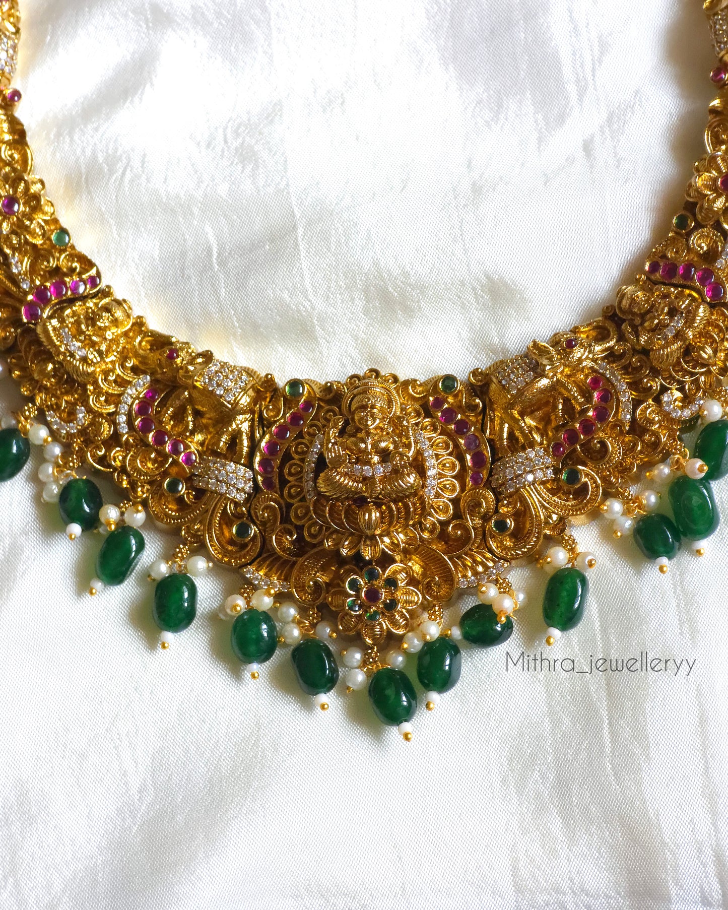 Divine Lakshmi Temple Jewelry Set with Emerald Beads MJ1069