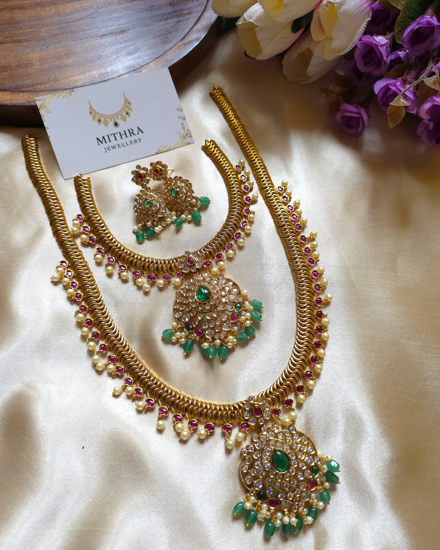 Traditional Gold-Plated Layered Necklace Set with Emerald & Ruby Accents MJ1067, MJ1068