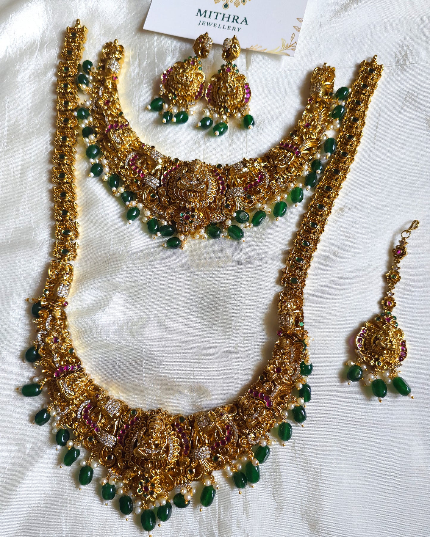 Divine Lakshmi Temple Jewelry Set with Emerald Beads MJ1069