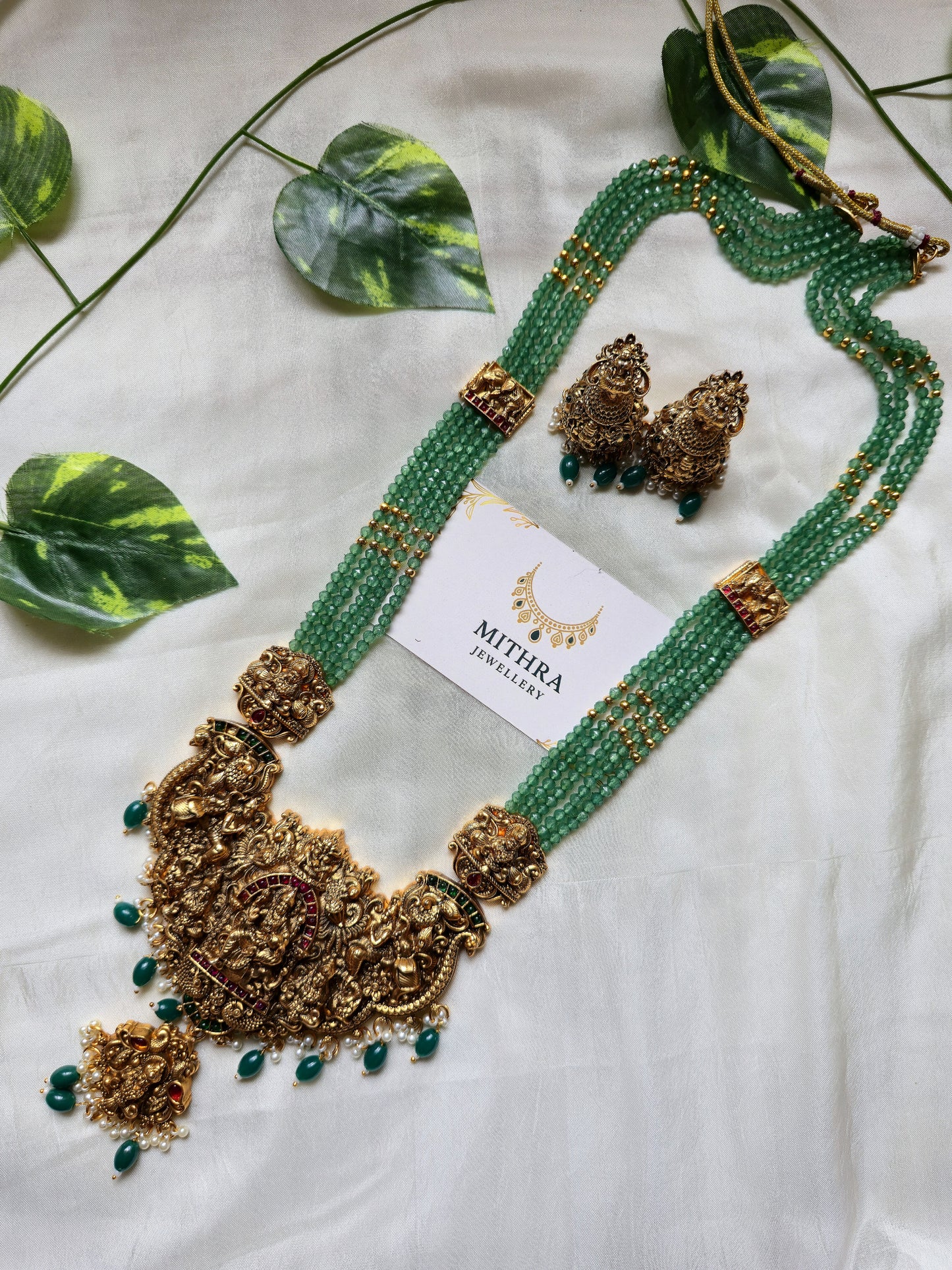Goddess Lakshmi Antique Temple Haaram with Emerald BEADS MJ1074