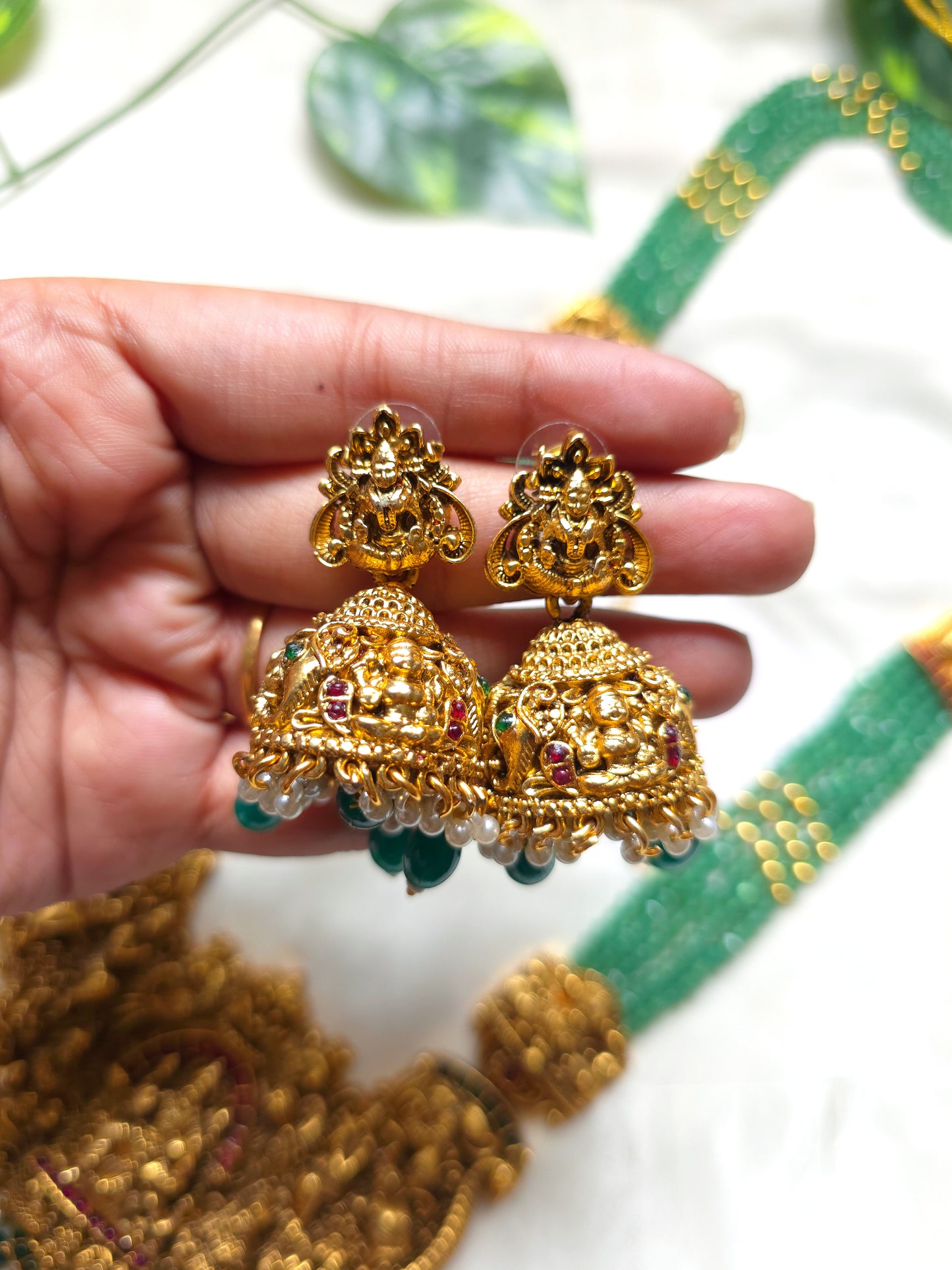 Goddess Lakshmi Antique Temple Haaram with Emerald BEADS MJ1074