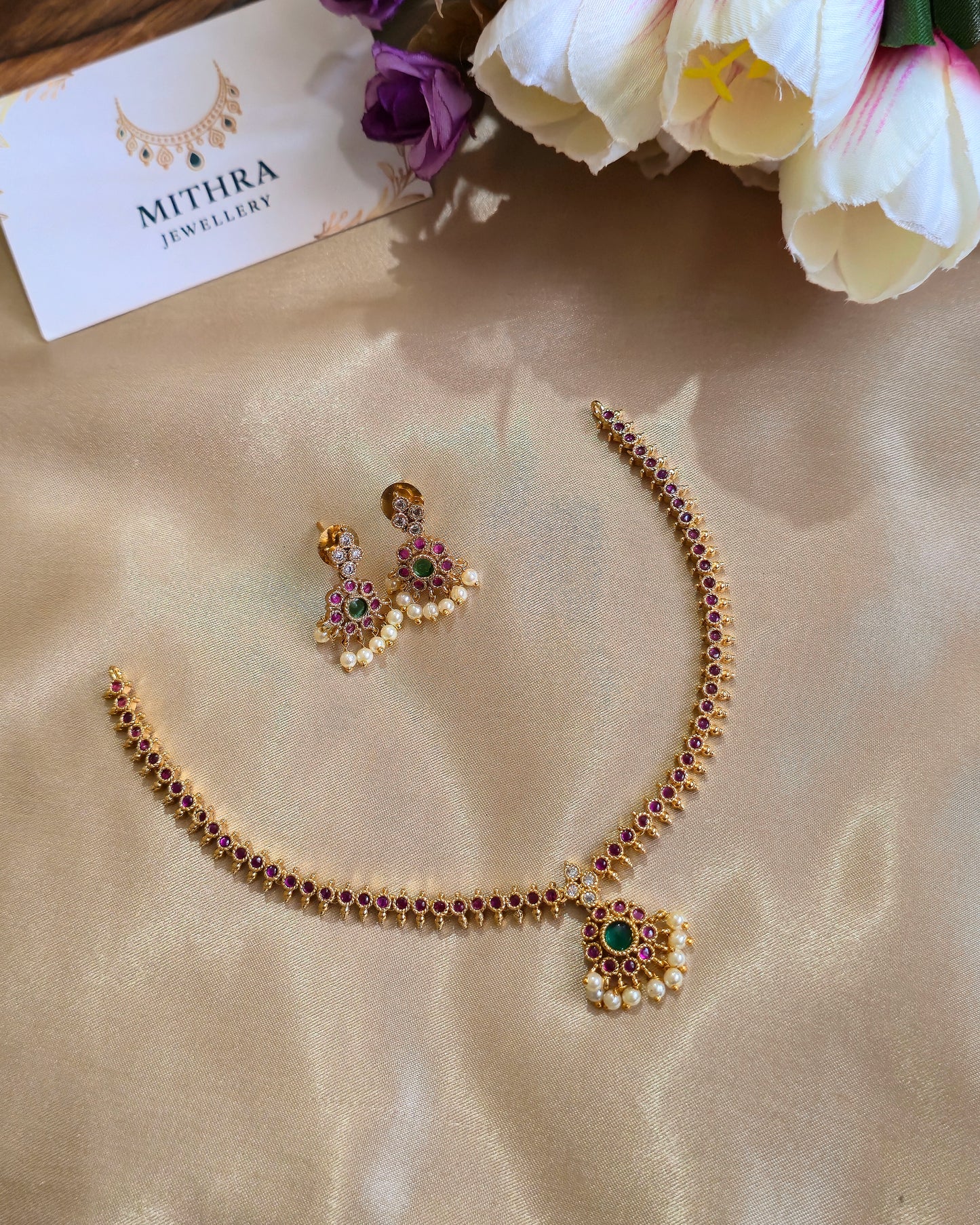 Traditional Lakshmi Kasu Necklace with Ruby & White Accents MJ1016