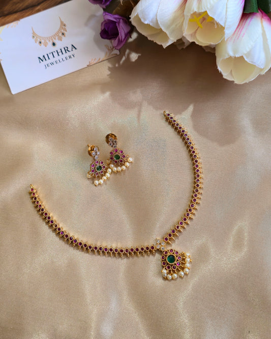 Traditional Lakshmi Kasu Necklace with Ruby & White Accents MJ1016