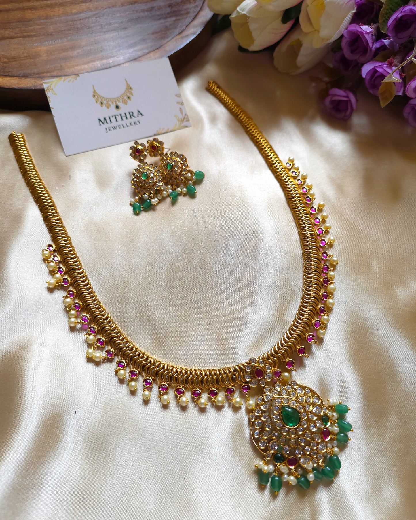 Traditional Gold-Plated Layered Necklace Set with Emerald & Ruby Accents MJ1067, MJ1068