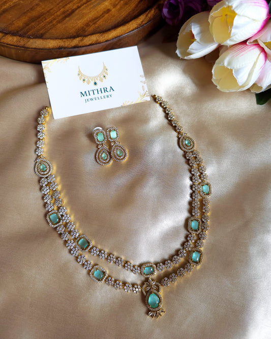 Mint Radiance: Double-Layered Floral & Stone Jewelry Set MJ1062