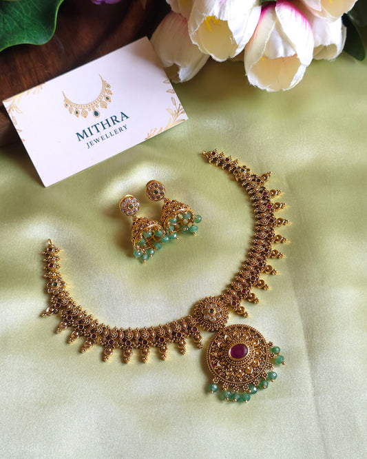 SRI DEVI - Regal Antique Temple Necklace with Statement Pendant MJ1008