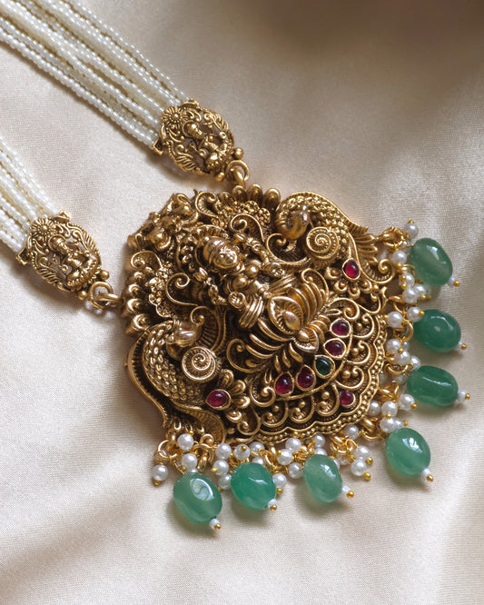 Lakshmi Temple Pearl Necklace Set with Green Drops MJ1072