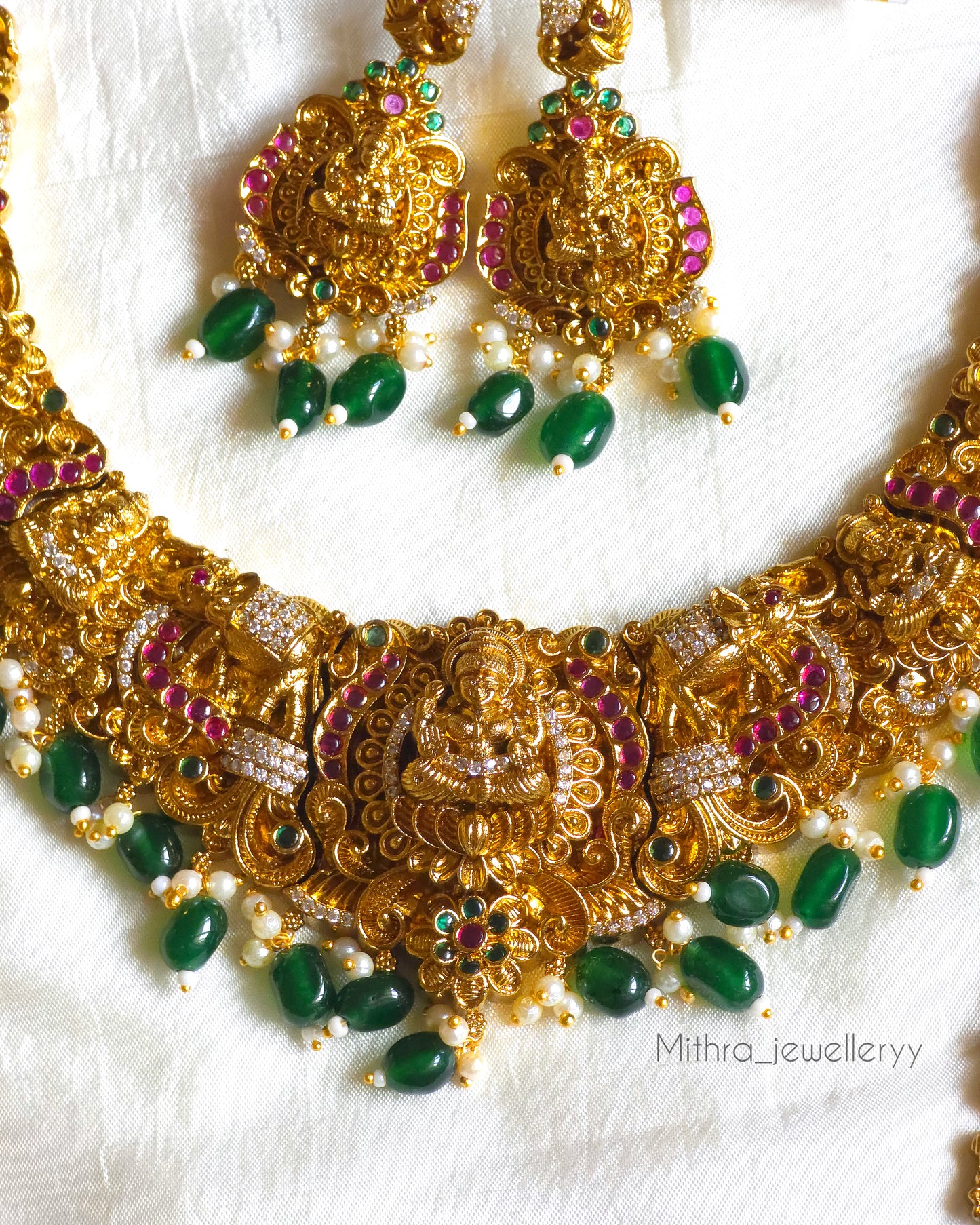 Divine Lakshmi Temple Jewelry Set with Emerald Beads MJ1069