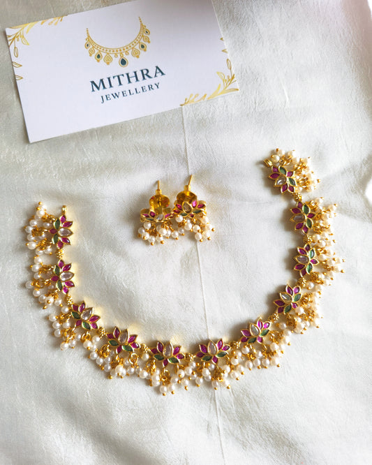 Pearl-Fringed Lotus Motif Choker Set MJ1014