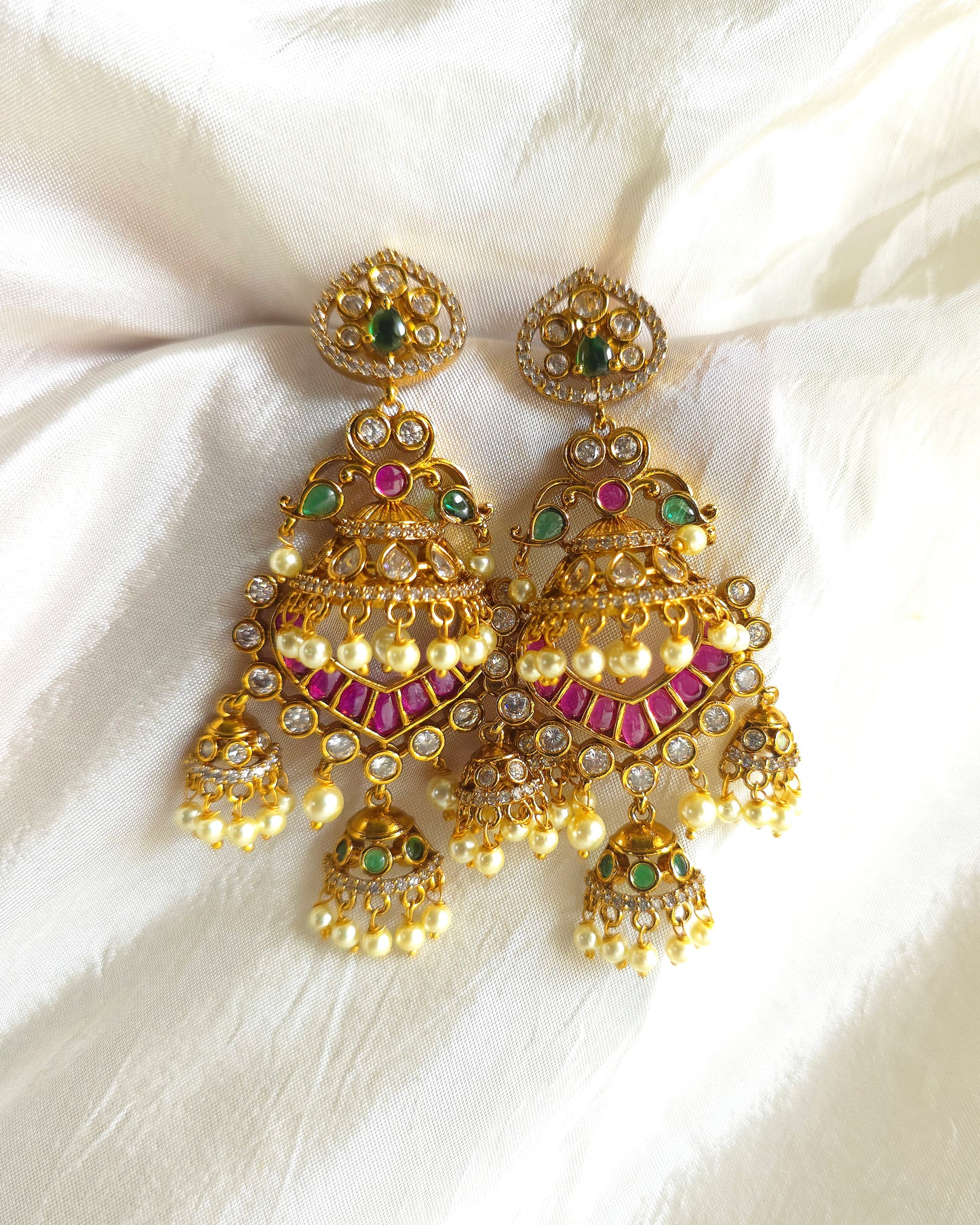 RANI - Triple-Bell Earrings with Pearl Droplets MJ1083