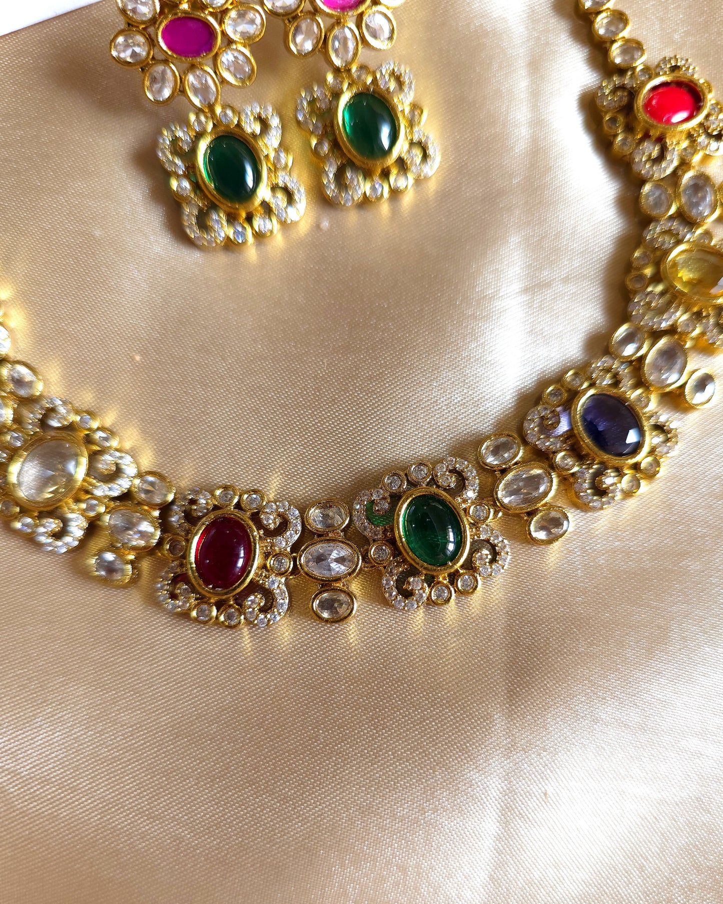 Navratna Elegance: Multi-Stone Floral Choker & Earring Set MJ1027