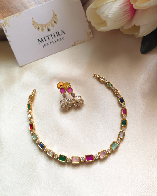 Navaratna-Style Multi-Color Stone Necklace & Earring Set MJ1041