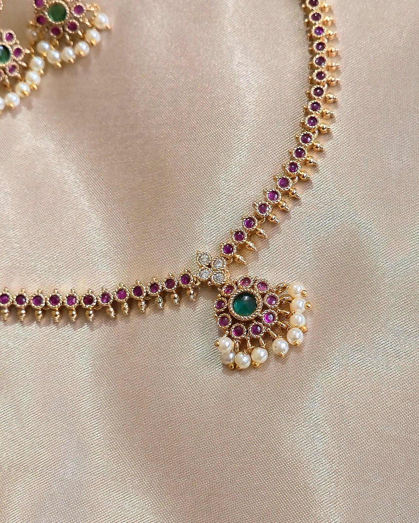 Traditional Lakshmi Kasu Necklace with Ruby & White Accents MJ1016