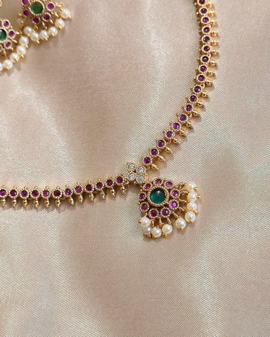 Traditional Lakshmi Kasu Necklace with Ruby & White Accents MJ1016