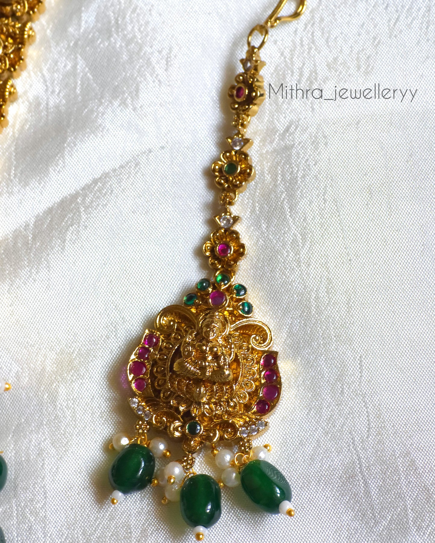 Divine Lakshmi Temple Jewelry Set with Emerald Beads MJ1069