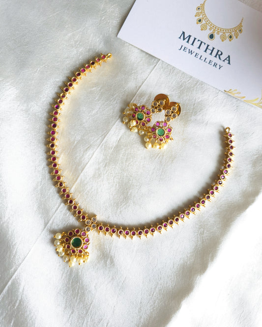 Traditional Lakshmi Kasu Necklace with Ruby & White Accents MJ1016