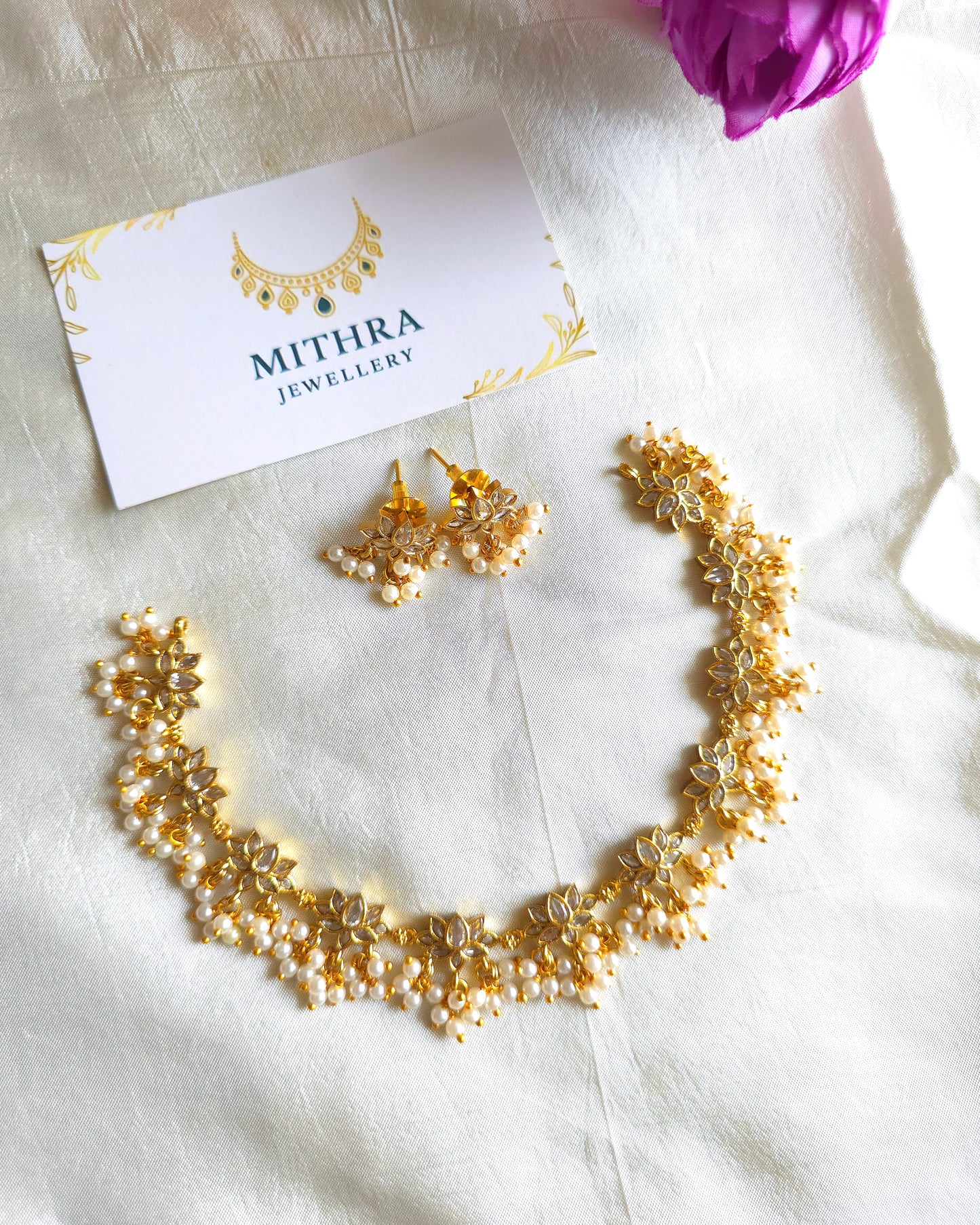 Pearl-Fringed Lotus Motif Choker Set MJ1014