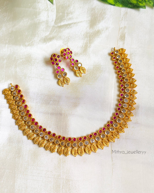 Ruby & White Stone Lakshmi Coin Necklace Set MJ1048