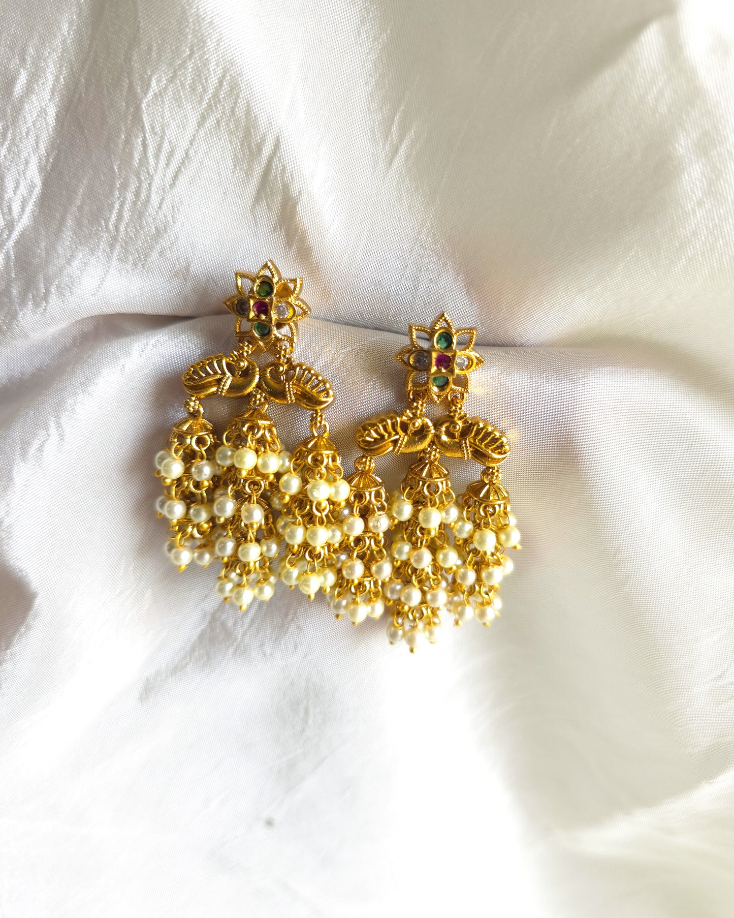 Traditional Peacock Motif Jhumka Earrings with Pearl Clusters MJ1084