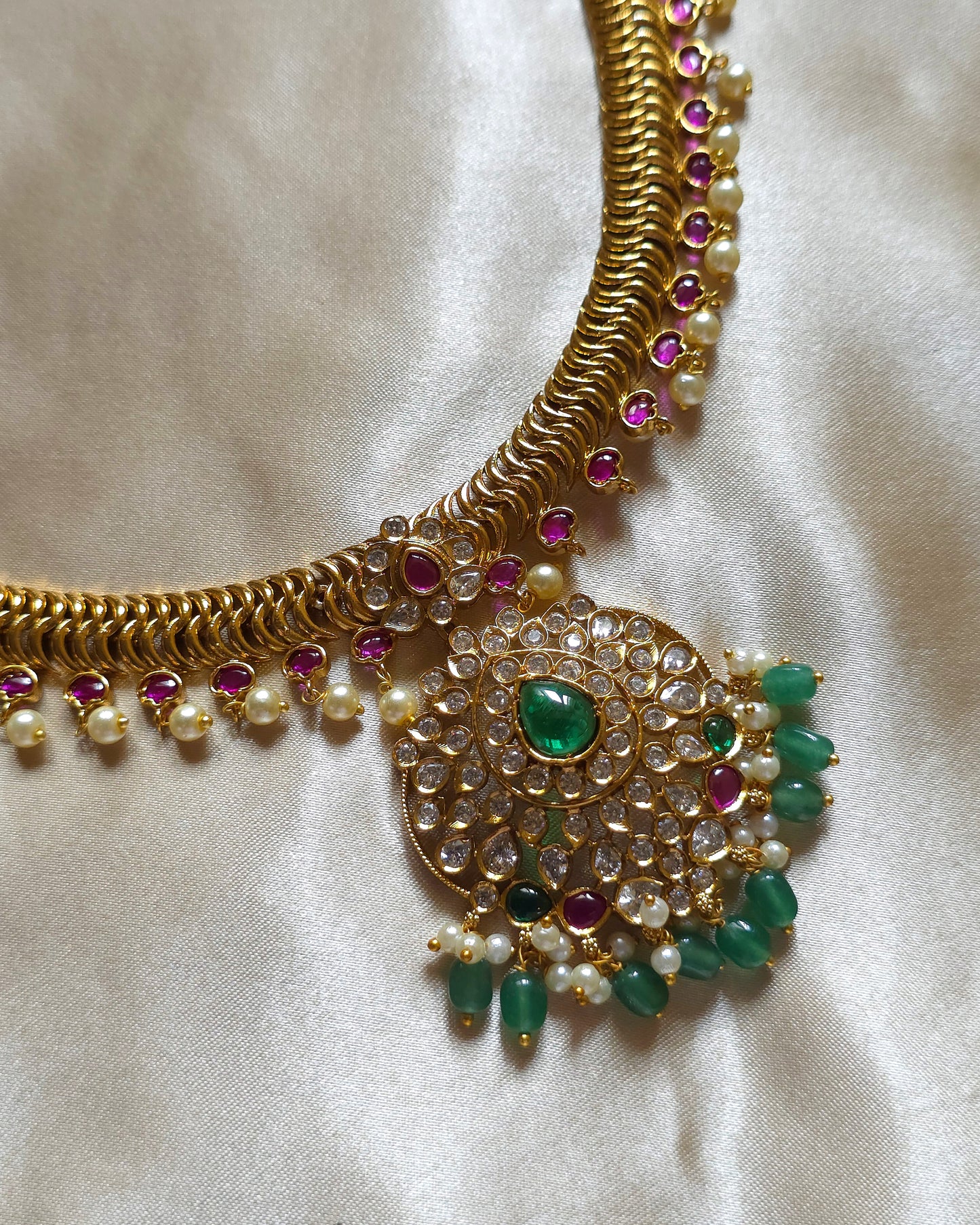 Traditional Gold-Plated Layered Necklace Set with Emerald & Ruby Accents MJ1067, MJ1068