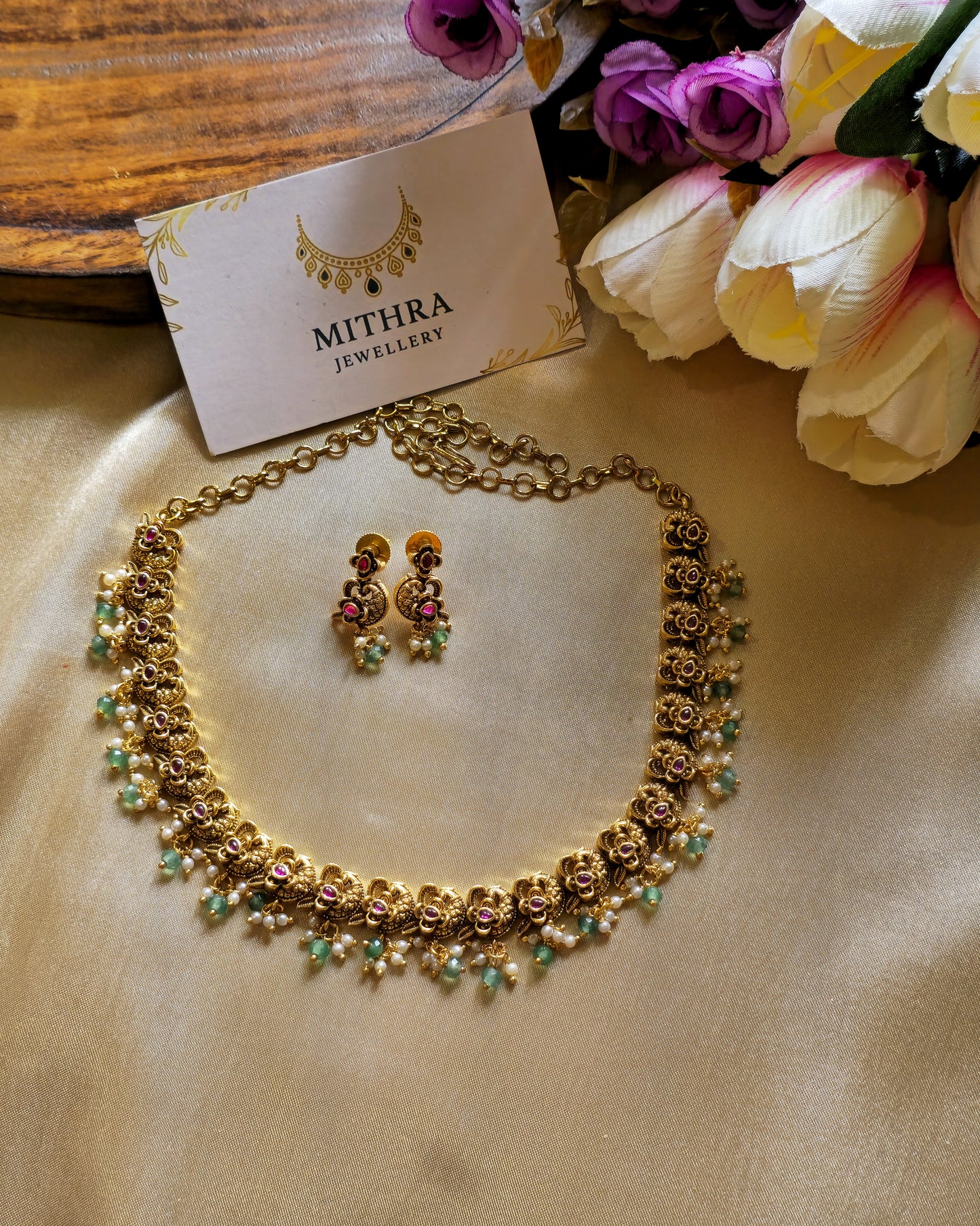 SUVARNA - Antique Floral Necklace with Bead Droplets MJ1020