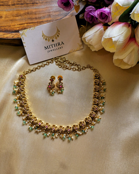 SUVARNA - Antique Floral Necklace with Bead Droplets MJ1020